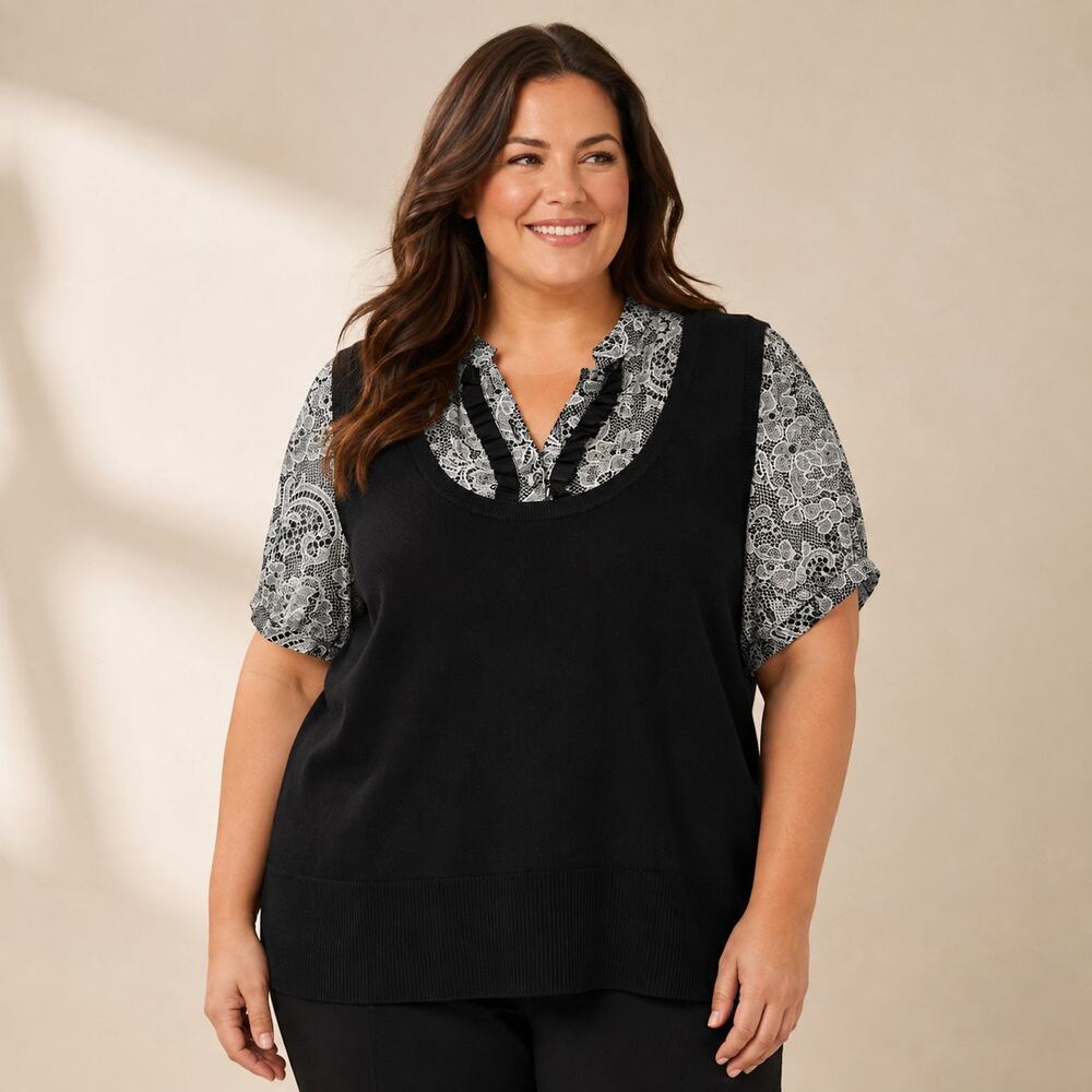 Lane Bryant Blouse WMNS 14/16 Black White Lace Print Layered Romantic Workwear